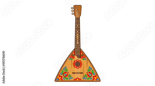 A colorful flat vector illustration of a balalaika, set against a white background, depicting the triangular wooden Russian instrument with three strings, emblematic of Russian folk music and dance