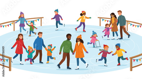 Flat vector illustrations feature diverse families, kids, couples, and friends skating on an ice rink, celebrating active winter holiday fun, leisure, and sport