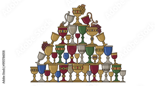 Ancient goblets, numerous medieval cups, and wine chalices arranged in a pyramid, with many jeweled antique wine glasses, illustrating abundance and excess in a flat vector style on a white