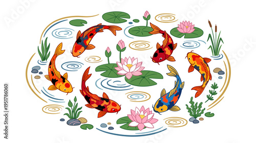 A collection of vibrant Japanese koi carp swimming in a traditional decorative pond, featuring gold koi and Nelumbo flowers set against a blue backdrop, rendered as a flat vector illustration in