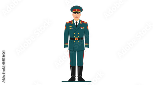 A Russian armed forces officer in full dress uniform stands alone on a white backdrop, depicted as a male cartoon character in a flat colored vector illustration