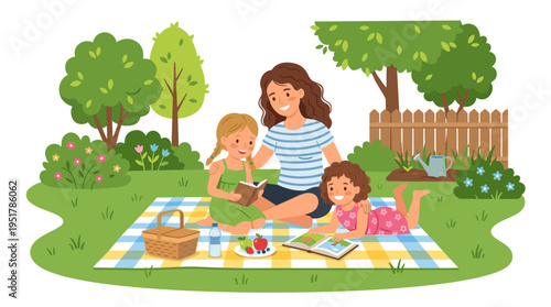 A mother and her children relax in the backyard, sitting on a picnic blanket outdoors. The mom and her daughters rest together on the grassy lawn during a summer holiday weekend. This is a flat