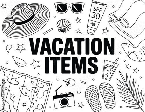 Summer vacation doodle set, hand drawn black and white collection of beach travel items and holiday accessories in playful sketch style.