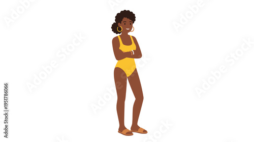 A young African woman with dark skin lounges in a bright yellow swimsuit, styled as a slim model wearing beachwear and large earrings, arms crossed, depicted in a flat vector cartoon on a white