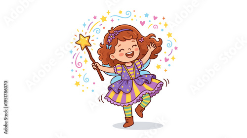 Joyful girl using a magic wand, clutching a witchcraft stick. Adorable young fairy, child magician, playful toddler in a dress. Flat vector artwork set against a white backdrop