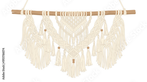 A wall macrame piece hangs from a wooden stick, offering a trendy boho-style woven home décor crafted from cotton cords and beads, depicted as a flat vector illustration set against a white
