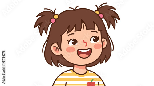 Adorable smiling girl child, joyful and laughing, head portrait of a cheerful little schoolkid with a sweet kawaii expression, flat vector illustration on a white background