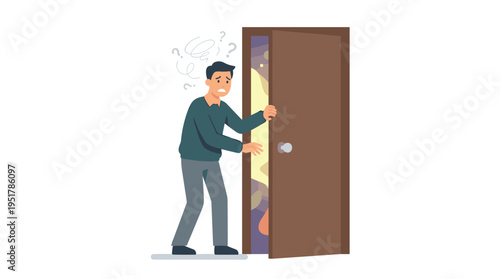 An individual grapples with fear, uncertainty, and doubt about an unknown future, hesitating to open the door to life changes, new opportunities, and risks, a psychological concept depicted as a flat