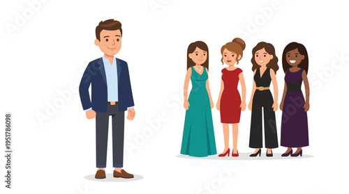 A male figure stands before a group of happy, beautiful women in elegant evening attire, as a popular bachelor chooses a girlfriend or wife, illustrated in flat cartoon vector style