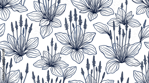 A continuous natural pattern featuring blooming plantains, hand‑drawn medicinal herb with floral and leafy contours, rendered in monochrome vector for textile and wrapping paper use