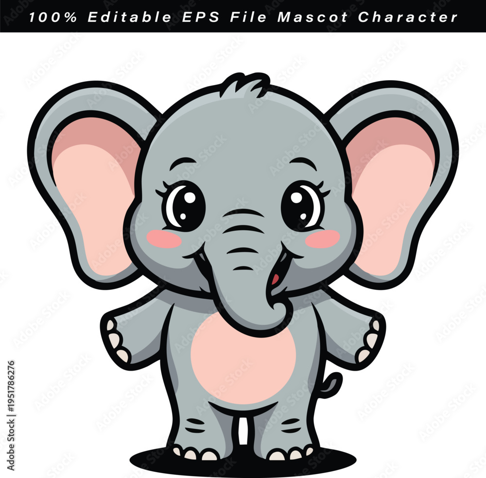 Obraz premium Cute cartoon elephant mascot character in editable vector format
