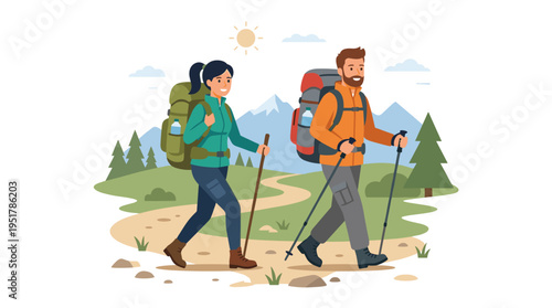 A couple of hikers trekking. Tourists strolling with backpacks. Campers embarking on a trekking adventure, traveling. A man and woman backpackers heading out, exploring. A flat vector illustration
