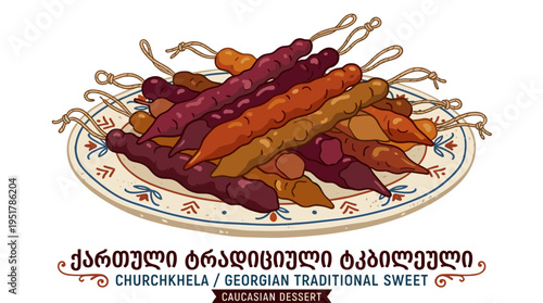 A heap of churchkhela rests on a plate, a national Georgian candy that is a delicious traditional Caucasian dessert, depicted in a colorful vintage illustration against a white background