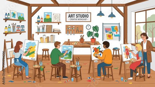 Inside an art studio: a classroom and workshop for creative classes, a drawing school, a painting atelier featuring paper, canvases on easels, tools, supplies, accessories, and equipment, depicted as