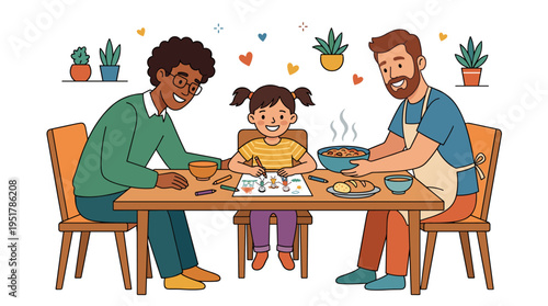 A cheerful same‑sex family spends time together in a flat vector cartoon, as the father brings a hot dinner to his daughter who sits alone on a white background, while the little girl sketches a
