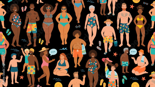 A continuous pattern featuring diverse, body-positive individuals in beachwear, including pregnant, tattooed, dark-skinned men and women, depicted as distinct flat cartoon vectors against a black