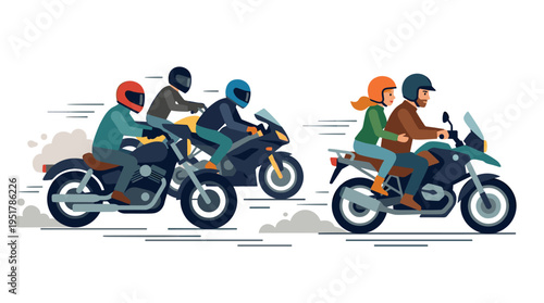 Motorcyclists wearing helmets pursue a couple on a motorbike at high speed, depicted in a colored flat vector illustration on a white background