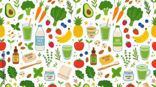 Vibrant, hand‑illustrated vegan foods, drinks, and herbs form a seamless pattern, while vegetables, fruits, berries, cosmetics, and beverages appear in a flat vector illustration, all highlighting