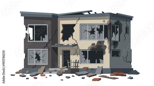 A broken, damaged building with a ruined facade of a modern house, its walls and windows destroyed, cracked glass, and a scorched exterior, rendered as a flat vector illustration on a white