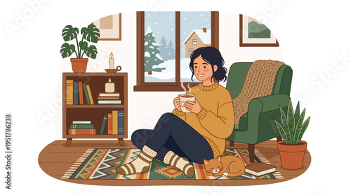 A woman unwinds in her snug home during a winter vacation, while a young girl in cozy socks sits on the floor with a tea mug; the woman, alone, holds a coffee cup beside plants, all depicted in a