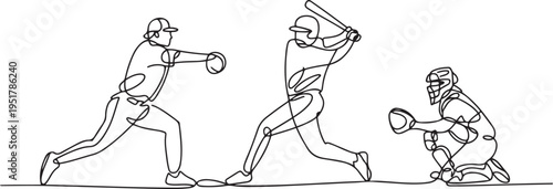 Baseball players set one line art. Continuous line drawing sport, team game, catch ball, pitcher, baseball glove, protective uniform, batter, pitcher, catcher. one line Icon drawing