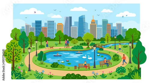 A city park set against a backdrop of high-rise buildings, featuring a landscape of trees, bushes, a lake, birds, lanterns, and benches, rendered as a colorful flat vector square illustration
