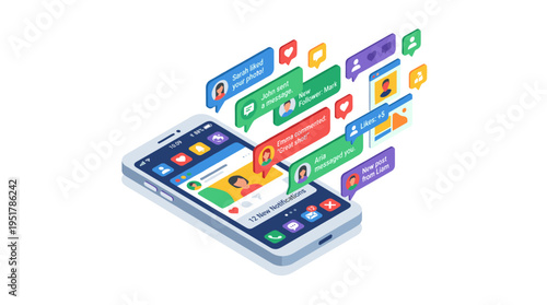 Concept of an isometric mobile phone displaying social network notifications, rendered as a colorful modern vector illustration
