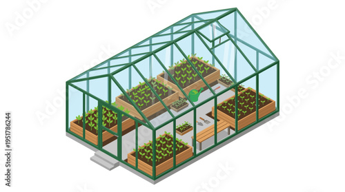 Green seedlings sprout in soil-filled boxes inside a glass greenhouse, depicted in an isometric view with garden beds for plant cultivation against a white backdrop, rendered in flat illustration