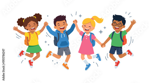Joyful school children leap with excitement, holding hands as they celebrate together. The illustration is a flat vector graphic set against a white background
