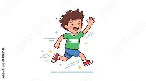A delighted, energetic child dashes forward, grinning widely while waving and leaping with exuberant vigor, depicted as a flat vector illustration set against a white backdrop