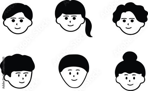 Six diverse cartoon faces isolated on transparent background