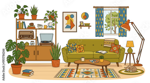 A retro living room interior brimming with vintage furniture and decor, featuring a cozy couch, coffee table, houseplants, cupboard, floor lamp, and radio receiver, rendered as a flat-style vector