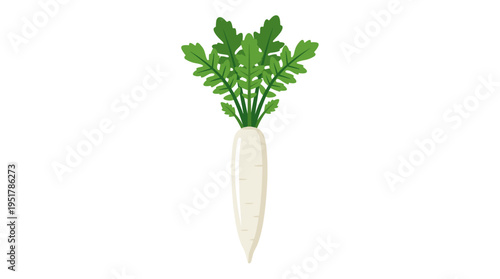 A long Japanese daikon radish tuber with a leaf, rendered as a bright flat vector icon on a white background
