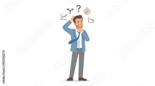 A bewildered man hesitates, standing uncertain before a tough business decision; the illustration shows a pensive businessman in a colored flat vector style on a white background