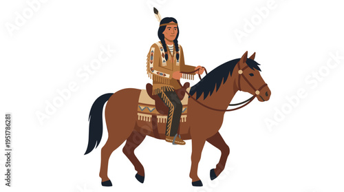 A Native American man in traditional attire sits astride a horse, depicted as a horseback rider in a cartoon, standing alone against a white background in an illustration