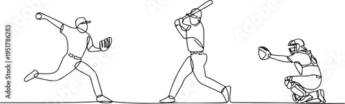Baseball players set one line art. Continuous line drawing sport, team game, catch ball, pitcher, baseball glove, protective uniform, batter, pitcher, catcher. one line Icon drawing