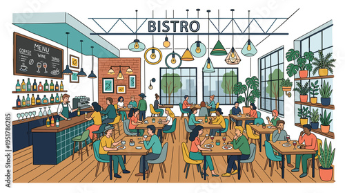 A vibrant hand‑drawn illustration of a restaurant or bistro interior featuring contemporary furniture—tables, chairs, pendant lighting, and potted plants. The cafe or bar is styled in a sleek loft