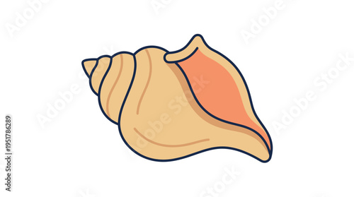 Conch, a sea shell, serves as a marine seashell icon; a swirled nautical mollusc, an oceanic underwater shellfish, an exotic beach decoration, presented as a flat vector illustration on a white