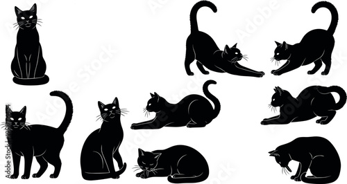 Black cat silhouettes set in playful and relaxed poses, domestic feline vector collection, cute pet illustrations, minimal modern animal design elements