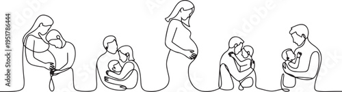 Pregnant women with husbands, family, children, baby set one line art. Continuous line drawing of pregnancy, motherhood, preparation for childbirth. one line Icon drawing