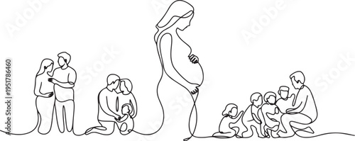 Pregnant women with husbands, family, children, baby set one line art. Continuous line drawing of pregnancy, motherhood, preparation for childbirth. one line Icon drawing
