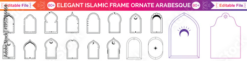Set of oriental style Arabic gold borders and frames. Collection of linear style Islamic windows, doors in bobo style. Arabic minimal shape arch. Golden Design element for design. Ramadan