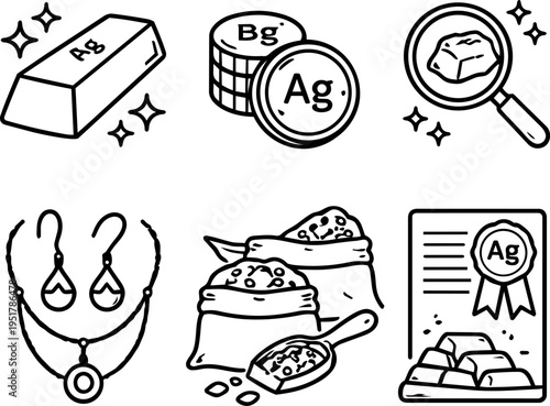 Silver metal element jewelry industry line icons
