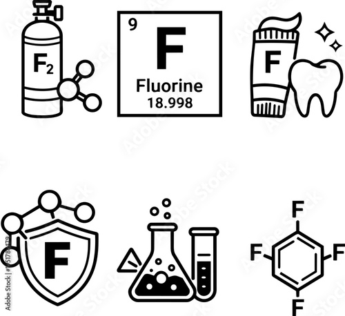 Fluorine chemical element properties dental lab line icons
