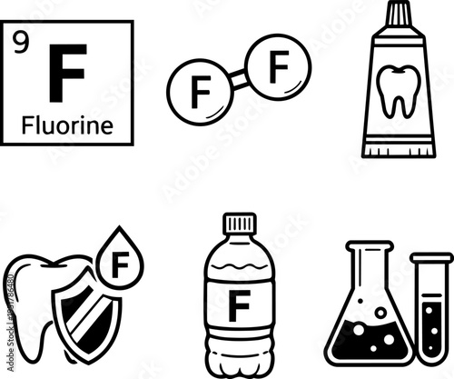 Fluorine chemical element properties dental lab line icons. Vector