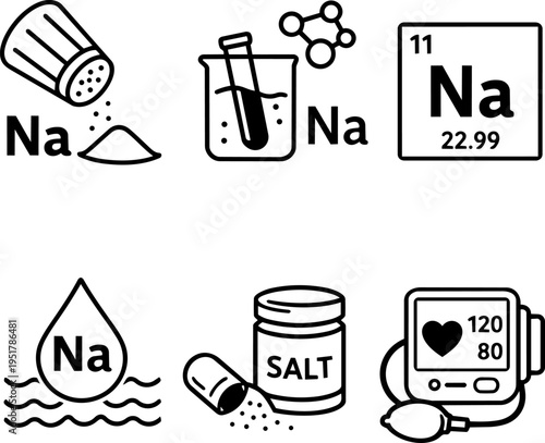 Sodium chemical element properties salt health line icons. Vector