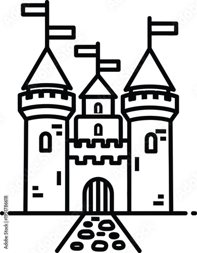 A medieval castle with three towers and a flag on each