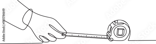 Tape measure, Construction tape, length measurement one line art. Continuous line drawing of repair, professional, hand, people, concept. one line Icon drawing