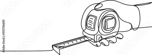 Tape measure, Construction tape, length measurement one line art. Continuous line drawing of repair, professional, hand, people, concept. one line Icon drawing