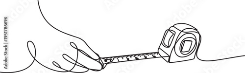 Tape measure, Construction tape, length measurement one line art. Continuous line drawing of repair, professional, hand, people, concept. one line Icon drawing